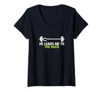 Mujer He Leads Me To The Rack Levantador de Levantamiento de Pesas Camiseta Cuello V