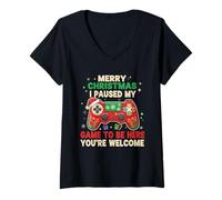 Mujer He pausado mi Juego para Estar aquí Navidad Camiseta Cuello V