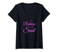 Mujer He Restores My Soul Versículo de la Biblia Señor Dios Jesús Escritura Arte Camiseta Cuello V