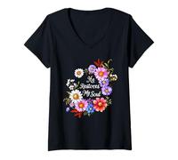 Mujer He Restores My Soul Verso de la Biblia Christian Floral Women Camiseta Cuello V