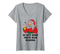 Mujer He Sees What You've Been Reading Santa Book Lover Christmas Camiseta Cuello V