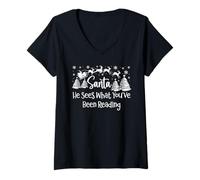 Mujer He Sees What You've Been Reading Santa Christmas Book Lovers Camiseta Cuello V