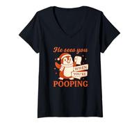 Mujer He Sees You When You’re Pooping Shirt Navidad Pingüino Camiseta Cuello V