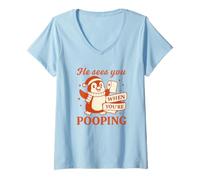 Mujer He Sees You When You’re Pooping Shirt Navidad Pingüino Camiseta Cuello V