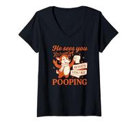 Mujer He Sees You When You’re Pooping Shirt Reno Divertido Camiseta Cuello V