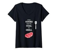 Mujer He Who Cooks no Tiene carbón para Barbacoa Saying Carne Camiseta Cuello V