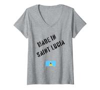 Mujer Hecho en Santa Lucía con Bandera Divertida Camiseta Cuello V