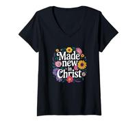 Mujer Hecho nuevo en Cristo, diseño floral de renovación de fe cristiana Camiseta Cuello V