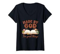 Mujer Hecho por Dios para Grandes Cosas Biblia Floral Cristianismo Camiseta Cuello V