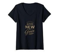 Mujer Hecho por Grace Christian Faith Bible Versos bendecidos Jesús Camiseta Cuello V