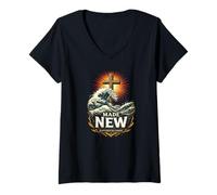Mujer Hecho y Nuevo bautizado en Cristo océano Cruz Olas Camiseta Cuello V