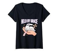 Mujer Held by Grace Christian Cita Fe Fiel Conejito Amante Camiseta Cuello V