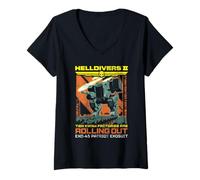 Mujer Helldivers 2 Exo-45 Patriot Exosuit Vintage Ad Video Game Camiseta Cuello V