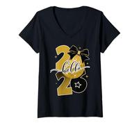 Mujer Hello 2026 Gold Disco Ball Bow New Year Celebration Design Camiseta Cuello V
