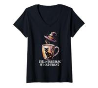 Mujer Hello Darkness My Old Friend Black Cat Coffee Mug Witch Cat Camiseta Cuello V