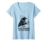 Mujer Hello Darkness My Old Friend Cozy Raven Café Gótico Humor Camiseta Cuello V