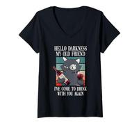 Mujer Hello Darkness My Old Friends - Mono de Vino, diseño de Gato Camiseta Cuello V