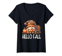 Mujer Hello Fall GNOME Dad Graphic For Autumn Womens Cute Pumpkin Camiseta Cuello V