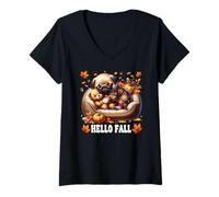 Mujer Hello Fall Pug Graphic For Women Men Kids Cute Autumn Dog Camiseta Cuello V