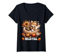 Mujer Hello Fall Puppy Lover Graphic For Corgi Mom Cute Autumn Camiseta Cuello V