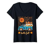 Mujer Hello Fall Shirt gnomo Calabaza Halloween búfalo a Cuadros camión Camiseta Cuello V