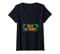 Mujer Hello First Grade! 1st Grader First Day of School Boy Girl Camiseta Cuello V
