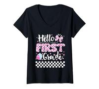 Mujer Hello First Grade Coquette Cute First Day of School Girls Camiseta Cuello V