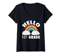 Mujer Hello First Grade T-Shirt 1er Grado Profesor Estudiante Camiseta Cuello V