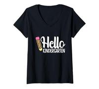 Mujer Hello Kindergarten Teacher Leopard Pencil Regreso a la Escuela Camiseta Cuello V