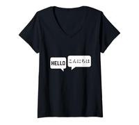 Mujer Hello Konnichiwa Japanese-English Translator Camiseta Cuello V