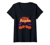 Mujer Hello Pumpkin Cherry Jack-O-Lantern Faces Retro Halloween Camiseta Cuello V