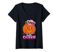 Mujer Hello Queen Pumpkin Halloween Otoño Calabaza Halloween Costu Camiseta Cuello V
