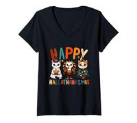 Mujer Hello thanksmas Cute Cats Halloween Acción de Gracias Navidad Camiseta Cuello V