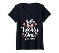 Mujer Hello Twenty One EST 2026 Floral 21 Cumpleaños Camiseta Cuello V