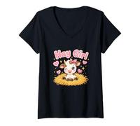 Mujer Heno Girl Cute Cow Kawaii Farm Animal Pink Bow Hearts Camiseta Cuello V