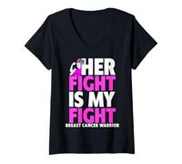 Mujer Her Fight Is My Fight - Camiseta con cáncer de Mama con Apoyo de Guerrero Camiseta Cuello V