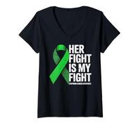 Mujer Her Fight My Fight Green Ribbon Linfoma Concientización sobre el cáncer Camiseta Cuello V