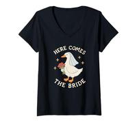 Mujer Here Comes The Bride Goose Wedding Look Style Bordado Camiseta Cuello V