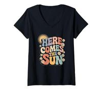 Mujer Here Comes The Sun Retro Flower Spring Happy Summer Camiseta Cuello V