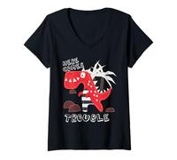 Mujer Here Comes Trouble Dino Dinosaurio Lindo niño niña niños Camiseta Cuello V