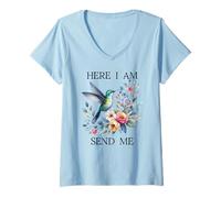 Mujer Here I Am Send Me Isaiah 6:8 Bible Christian Hummingbird Camiseta Cuello V