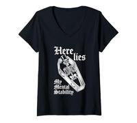 Mujer Here Lies My Mental Stability - Esqueleto de Actitud Divertida Camiseta Cuello V