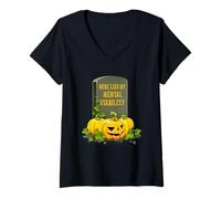 Mujer Here Lies My Mental Stability Ghosy Calabaza de Halloween Camiseta Cuello V