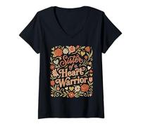 Mujer Hermana de un Guerrero Corazón CHD Conciencia Go Flores Rojas Camiseta Cuello V