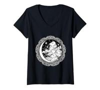 Mujer Hermosa Luna, Nubes y Estrellas Proyección Cielo, Portal Espacial Camiseta Cuello V