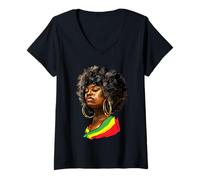 Mujer Hermosa Mujer Negra Afro Rojo Amarillo Verde Bufanda Juneteenth Camiseta Cuello V