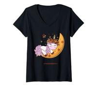 Mujer Hermoso Arco Iris Luna Dormida Unicornio Camiseta Cuello V