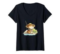 Mujer Hermoso Perro de Pesca en Estilo japonés Camiseta Cuello V