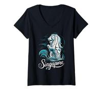 Mujer Hermoso Recuerdo de Viaje de Singapur Asia Merlion Lion Camiseta Cuello V