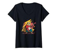 Mujer Héroe de Dibujos Animados Fresco en Capa y Traje de Guitarra Camiseta Cuello V